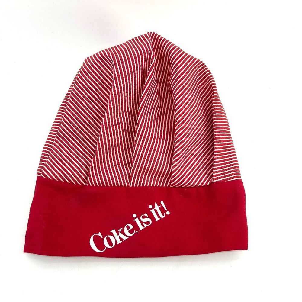 Vintage Coca-Cola Script Coke Is It Red White Striped Chef Baker Hat Made in USA